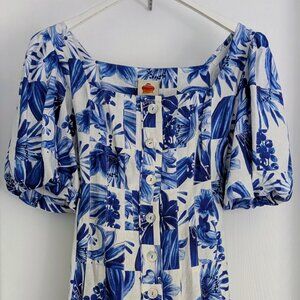 NWT - Farm Rio Garden Tiles Linen Blend Button Front Mini Dress : Medium